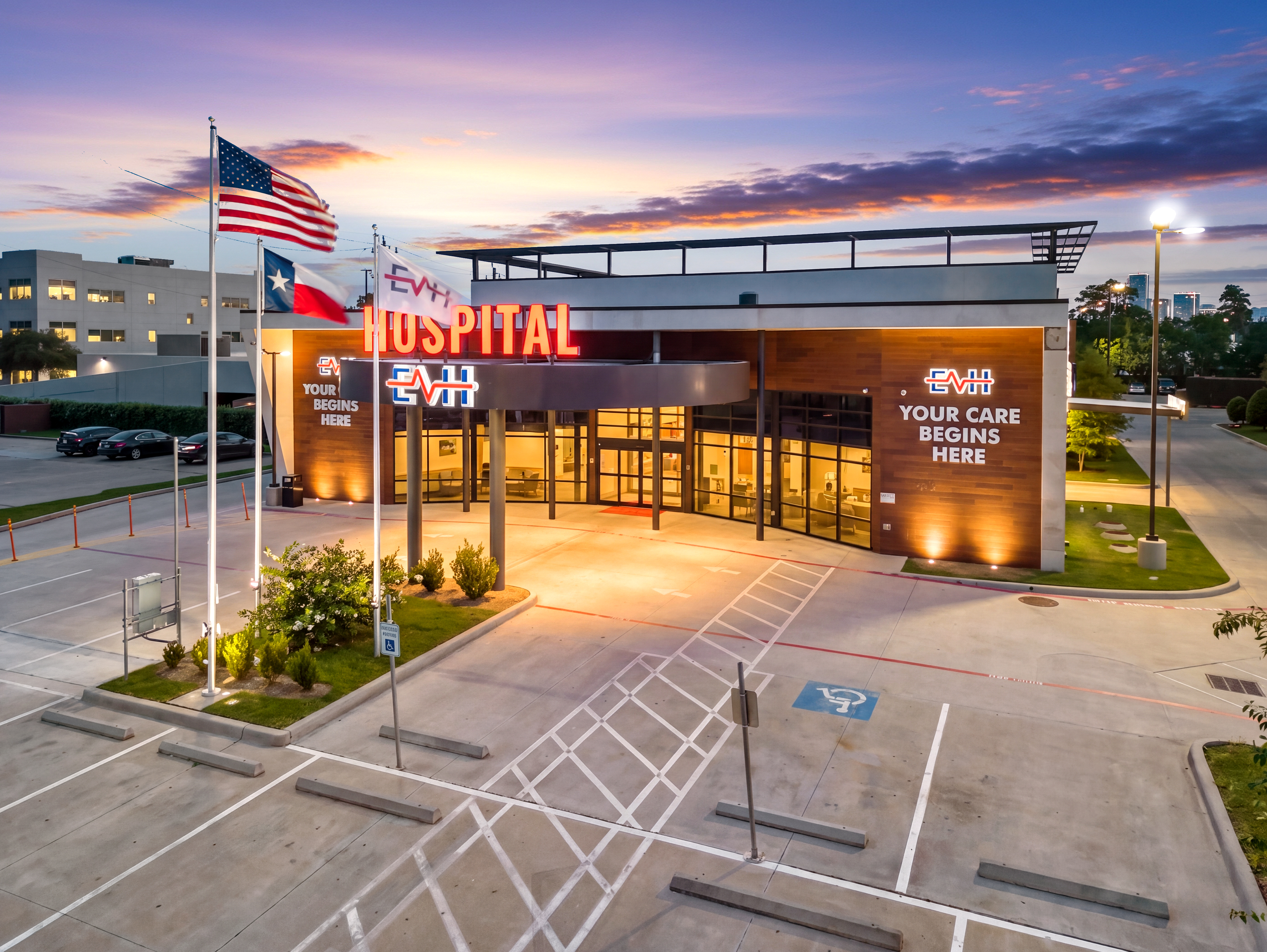 Aerial dusk photograph of a hospital entrance