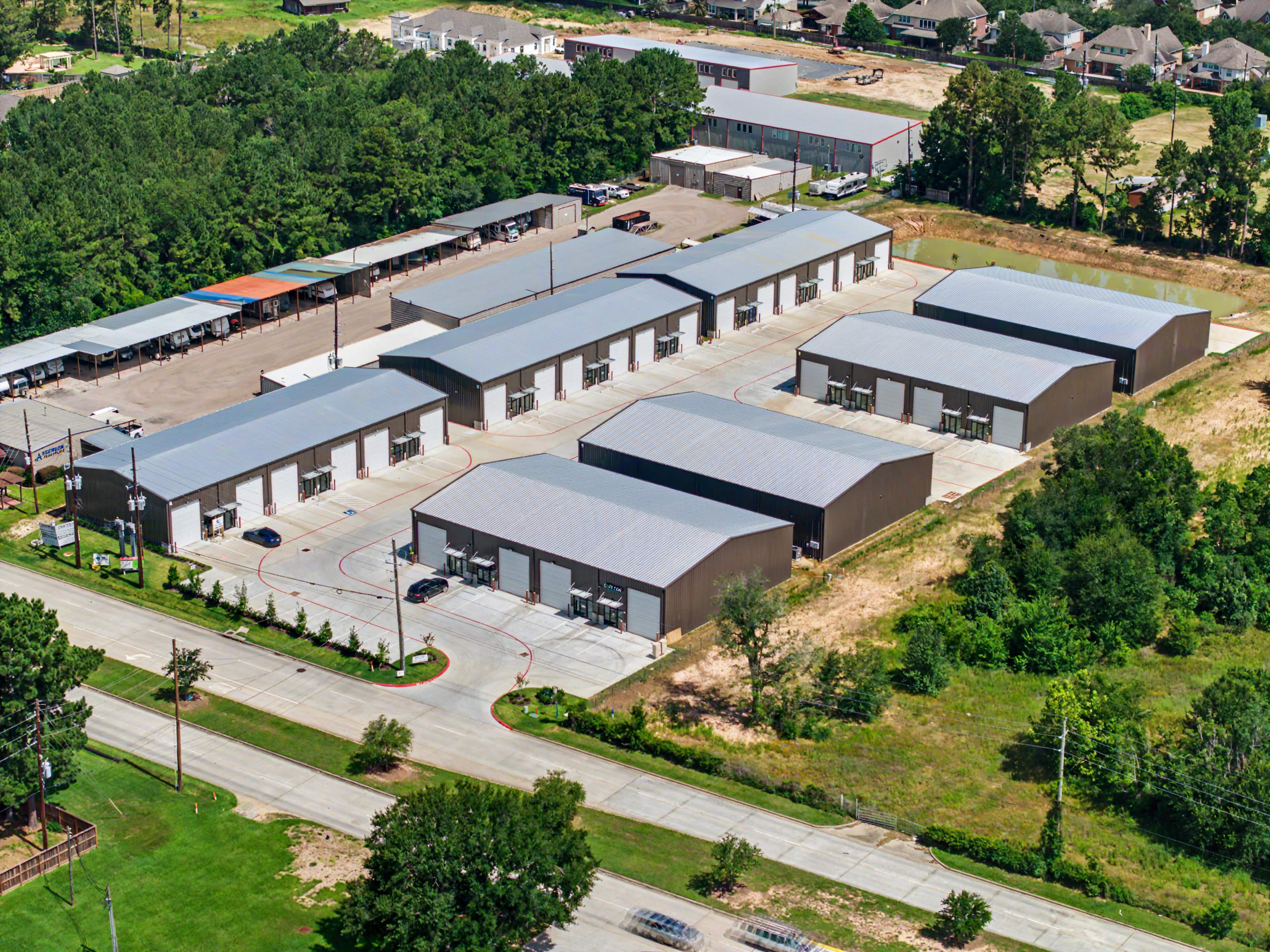 Aerial photograph of a commercial warehouse complex, for lease