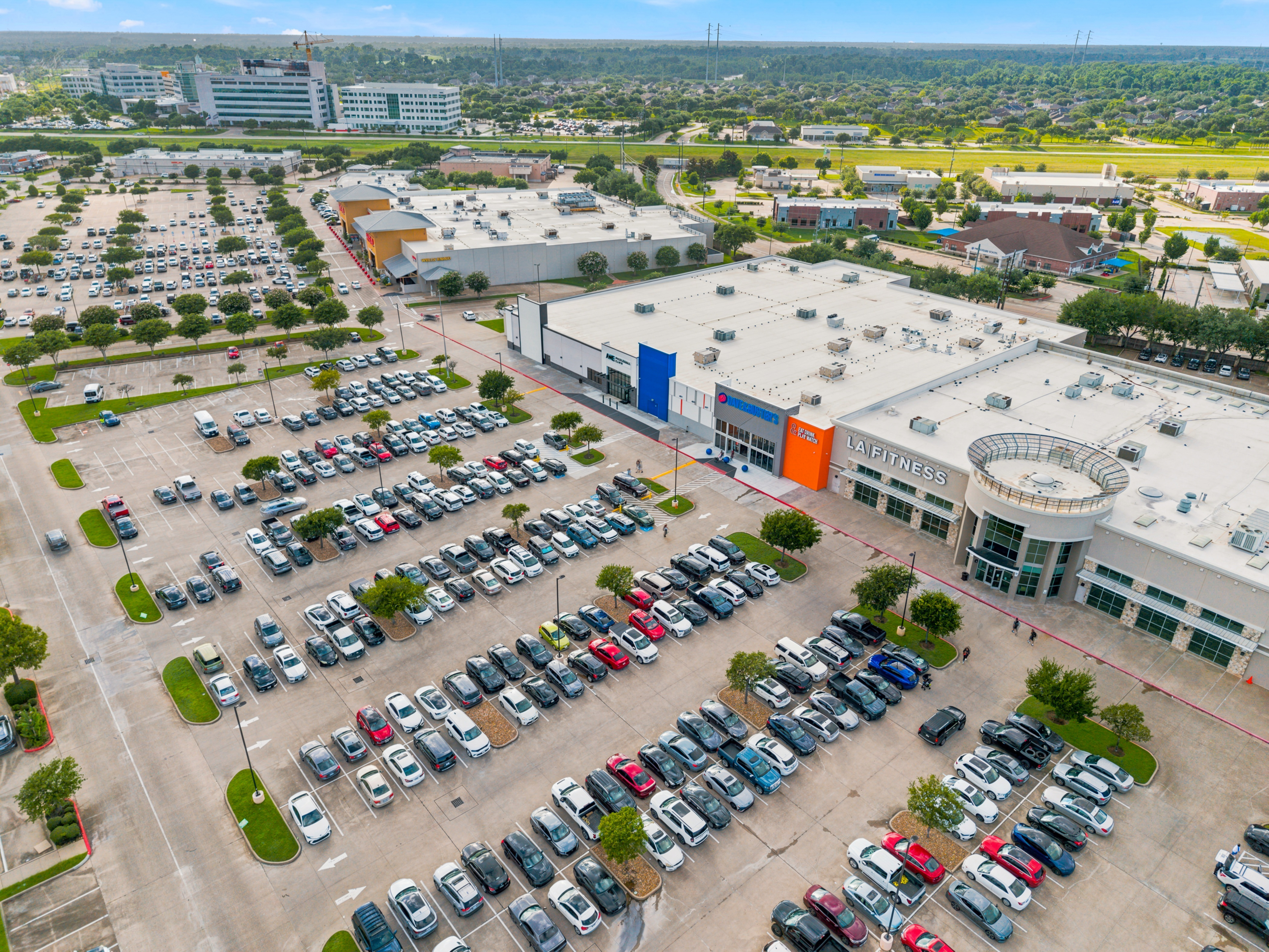 Aerial photograph of the Houston downtown skyline from a residential rooftop