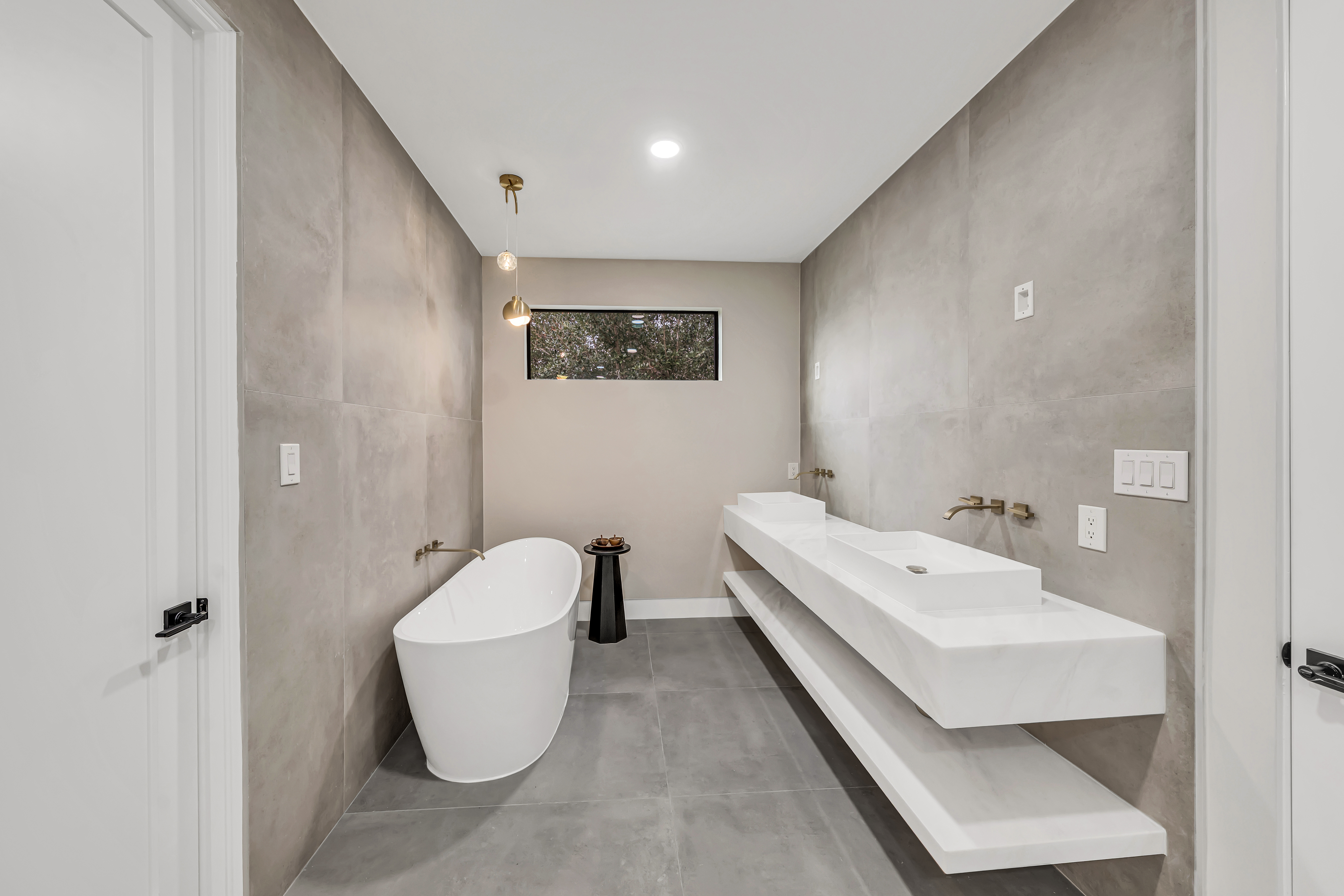Spa-style bathroom with freestanding soaking tub