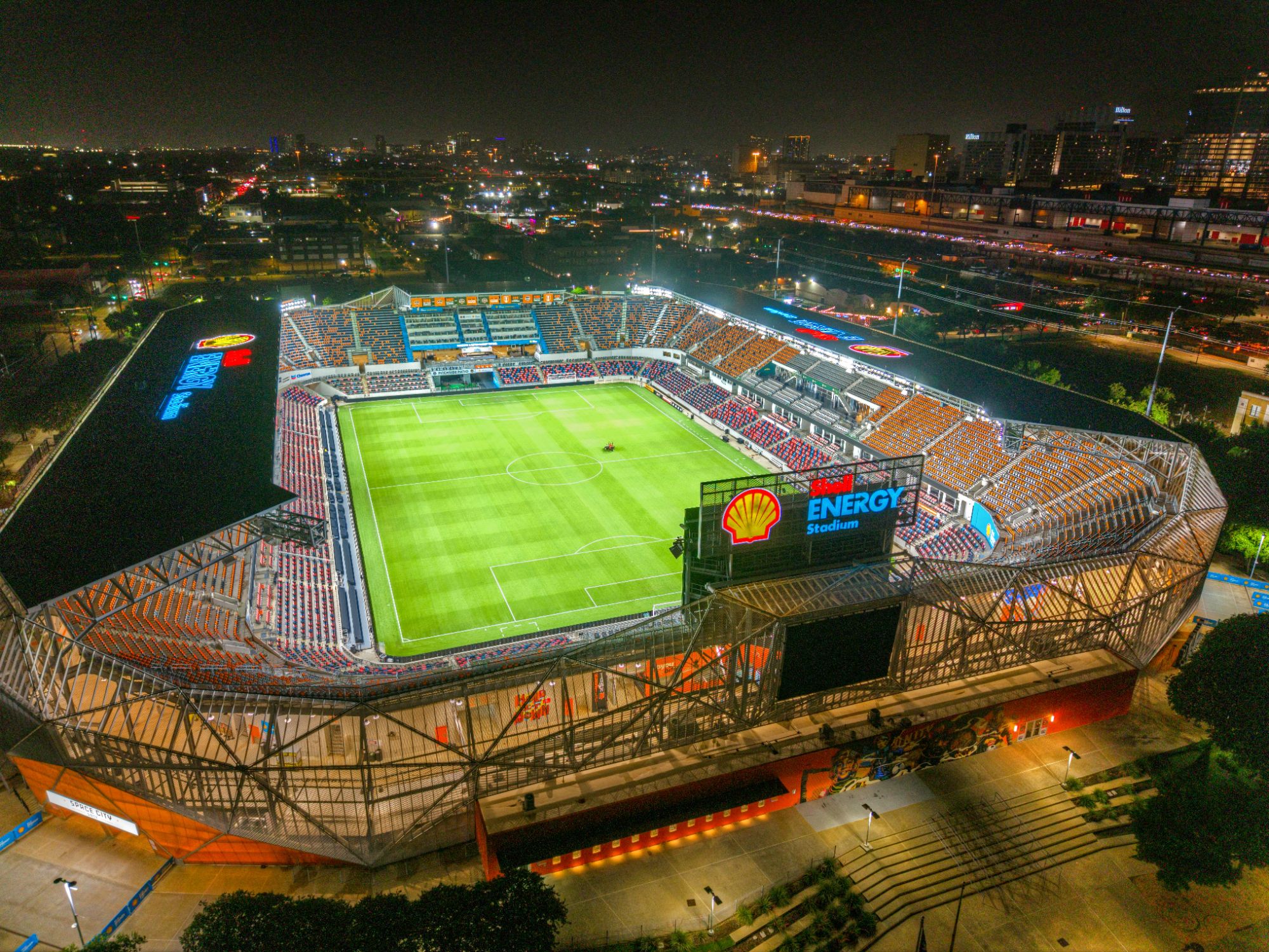 Aerial nighttime photograph of Shell Energy Stadium in Houston